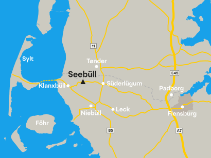 Kort over det nordlige Slesvig-Holsten og gr&aelig;nseomr&aring;det til Danmark med Seeb&uuml;lls placering markeret.
