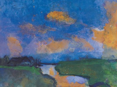 Building by a canal, surrounded by green meadow; above it a sky in shades of blue and orange.