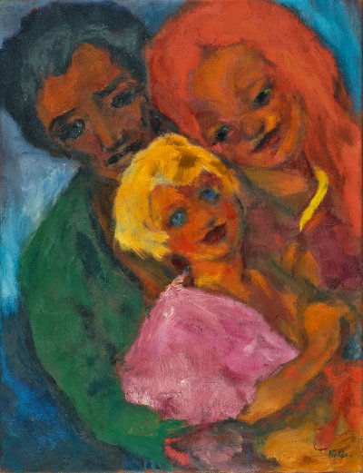 Three people &ndash; a man, a woman, and a child &ndash; stand close together embracing. The two adults look at the child, who is looking directly toward the viewer.