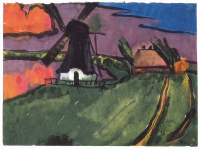 Sort-hvid m&oslash;lle p&aring; gr&oslash;nt gr&aelig;s ved et vandl&oslash;b; et r&oslash;dt hus st&aring;r ved siden af, og himlen bagved er r&oslash;d, violet og bl&aring;.