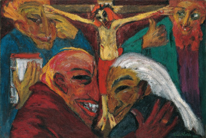 Korsf&aelig;stelsesscene med Jesus p&aring; korset, omgivet af flere figurer med groteske ansigtstr&aelig;k; i forgrunden st&aring;r to personer t&aelig;t sammen og ser p&aring; hinanden.