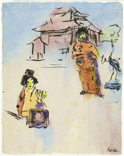 To japanske kvinder i gul og orange kimono, &eacute;n siddende, &eacute;n st&aring;ende, foran et hus ved et tr&aelig; og en bl&aring; fugl. Nederste del af billedet er lys, &oslash;verste lysebl&aring;.
