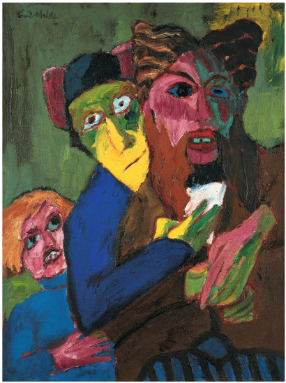 Tre groteske figurer st&aring;r p&aring; r&aelig;kke; den midterste omfavner den forreste. Forrest en sk&aelig;gget figur i brun, bagved en figur i bl&aring; med gult ansigt og hat, efterfulgt af en mindre figur med forvr&aelig;nget ansigt.