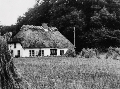 Str&aring;t&aelig;kt hus med skov i baggrunden og h&oslash;stakke i forgrunden.